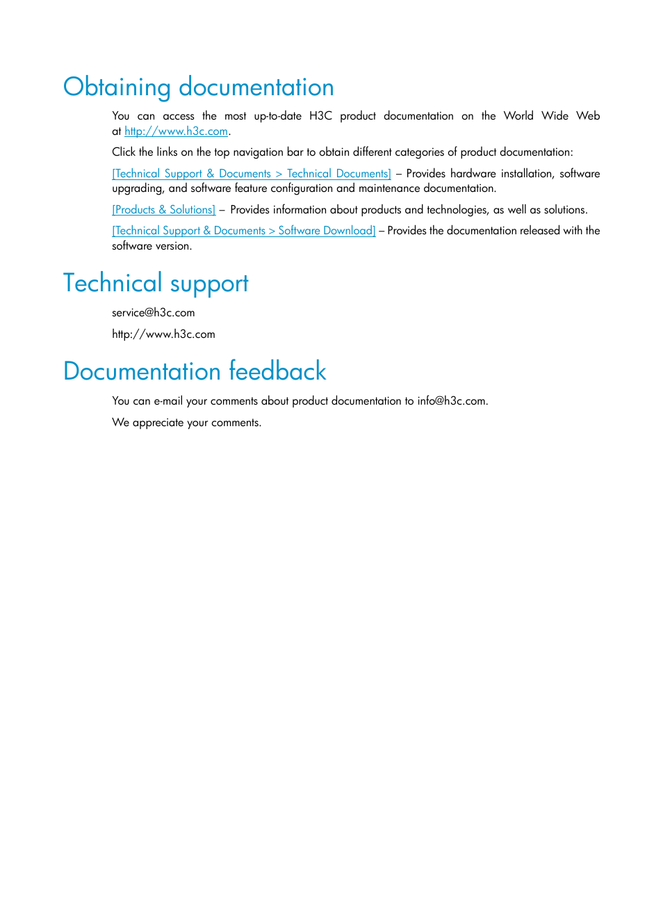 Obtaining documentation, Technical support, Documentation feedback | H3C Technologies H3C S5120 Series Switches User Manual | Page 6 / 21