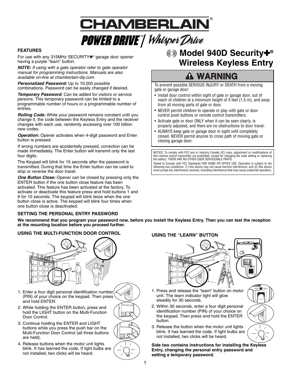 Chamberlain POWER DRIVE 940D User Manual | 2 pages