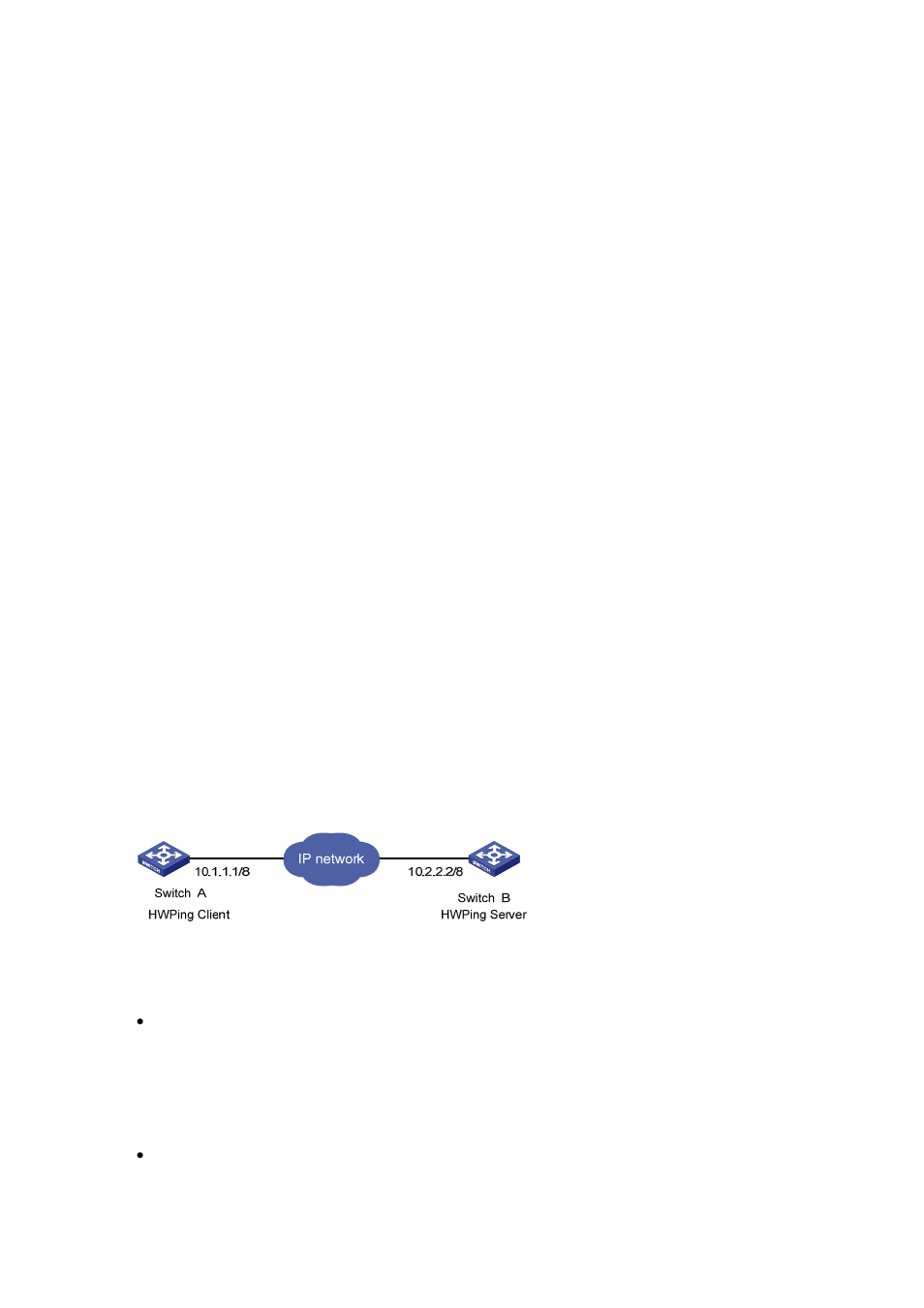 Udp test (udpprivate test) on the specified ports, Network requirements, Network diagram | Configuration procedure | H3C Technologies H3C S3600 Series Switches User Manual | Page 1086 / 1205