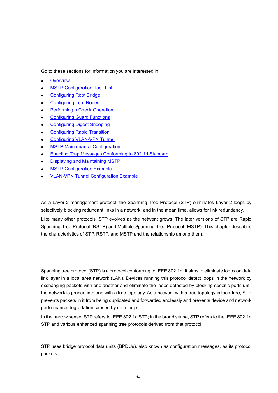 1 mstp configuration, Overview, Spanning tree protocol overview | Why stp, Protocol packets of stp, Mstp configuration | H3C Technologies H3C S3600 Series Switches User Manual | Page 254 / 1205