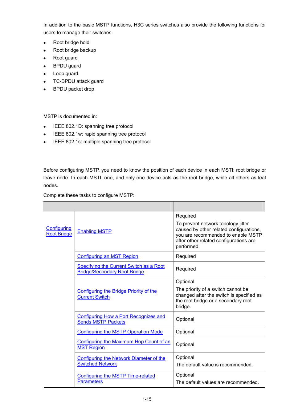 Protocols and standards, Mstp configuration task list | H3C Technologies H3C S3600 Series Switches User Manual | Page 268 / 1205