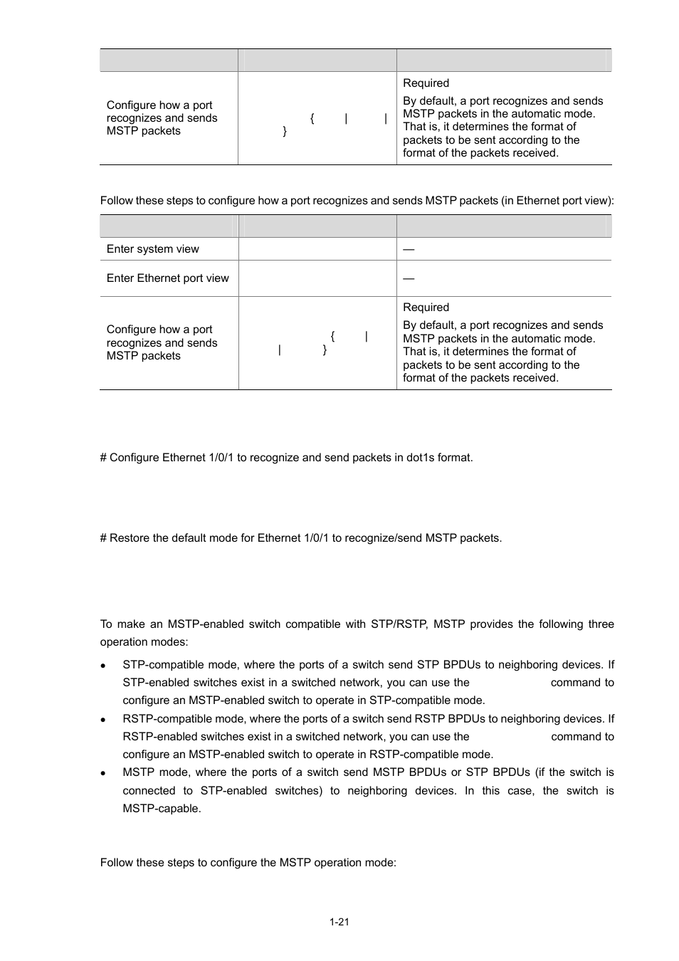 Configuration example, Configuring the mstp operation mode, Configuration procedure | Tible mode (see, For more information) | H3C Technologies H3C S3600 Series Switches User Manual | Page 274 / 1205