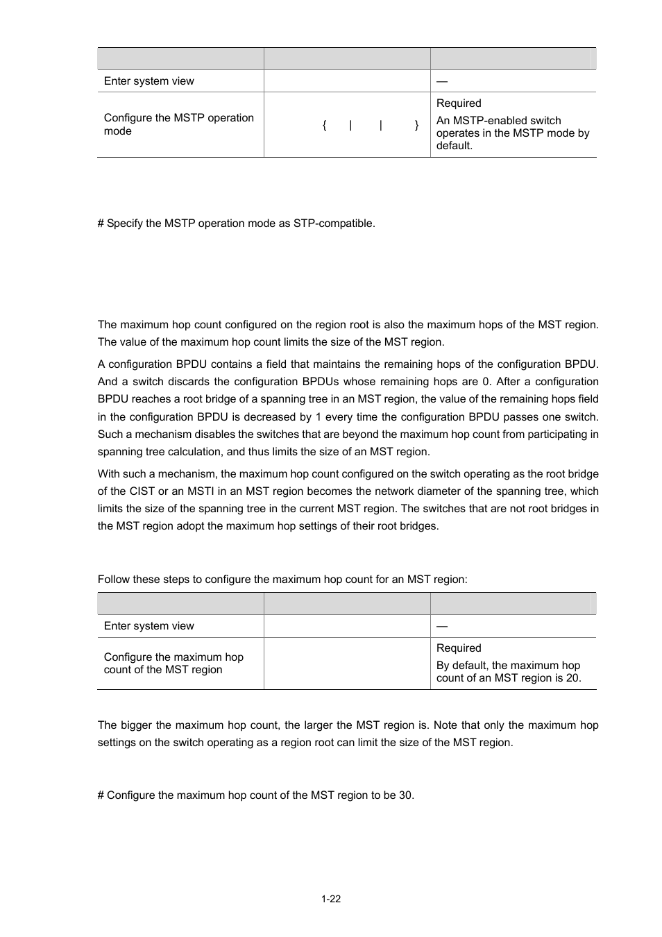 Configuration example, Configuring the maximum hop count of an mst region, Configuration procedure | H3C Technologies H3C S3600 Series Switches User Manual | Page 275 / 1205