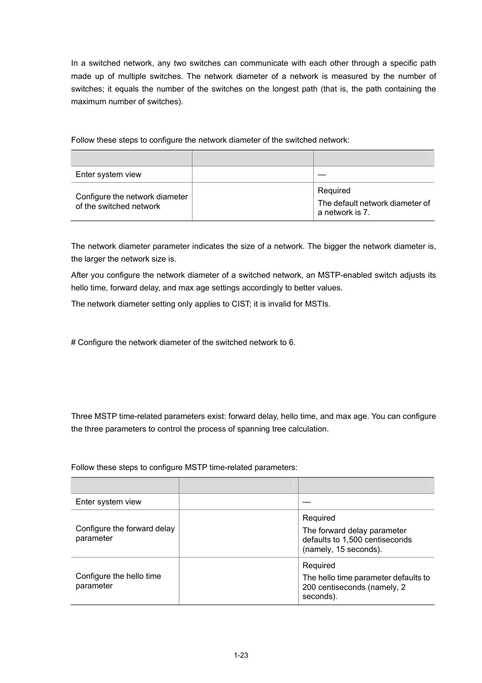 Configuration procedure, Configuration example, Configuring the mstp time-related parameters | H3C Technologies H3C S3600 Series Switches User Manual | Page 276 / 1205