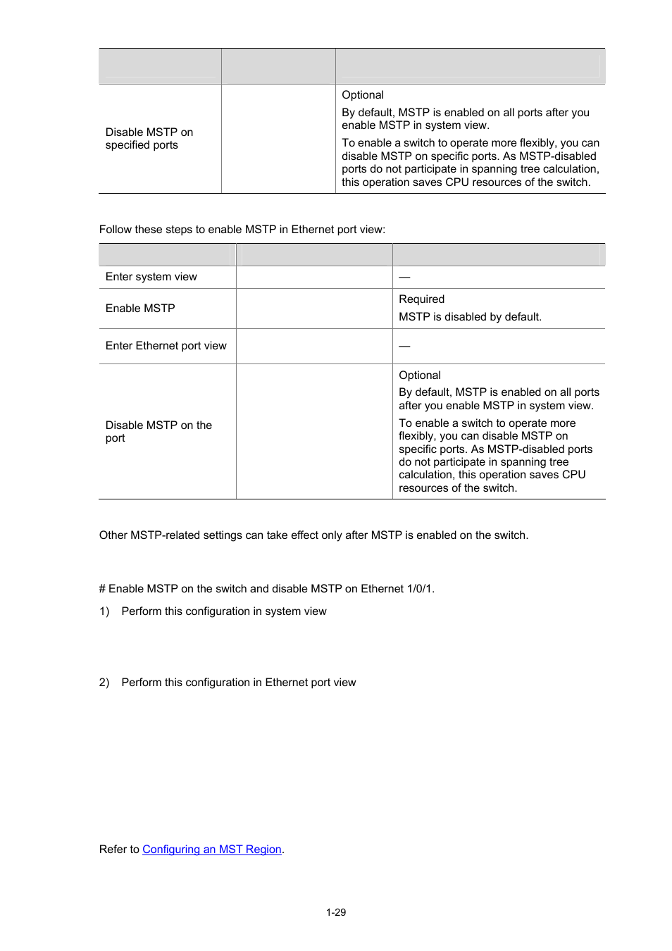 Configuration example, Configuring leaf nodes, Configuring the mst region | H3C Technologies H3C S3600 Series Switches User Manual | Page 282 / 1205