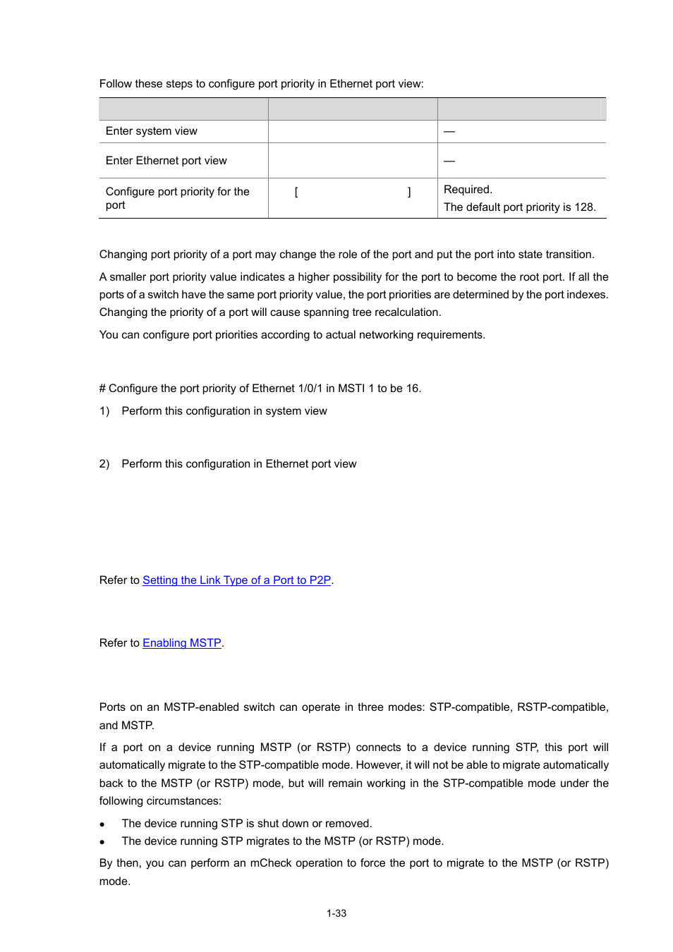 Configure port priority in ethernet port view, Configuration example, Setting the link type of a port to p2p | Enabling mstp, Performing mcheck operation, 33 enabling mstp | H3C Technologies H3C S3600 Series Switches User Manual | Page 286 / 1205