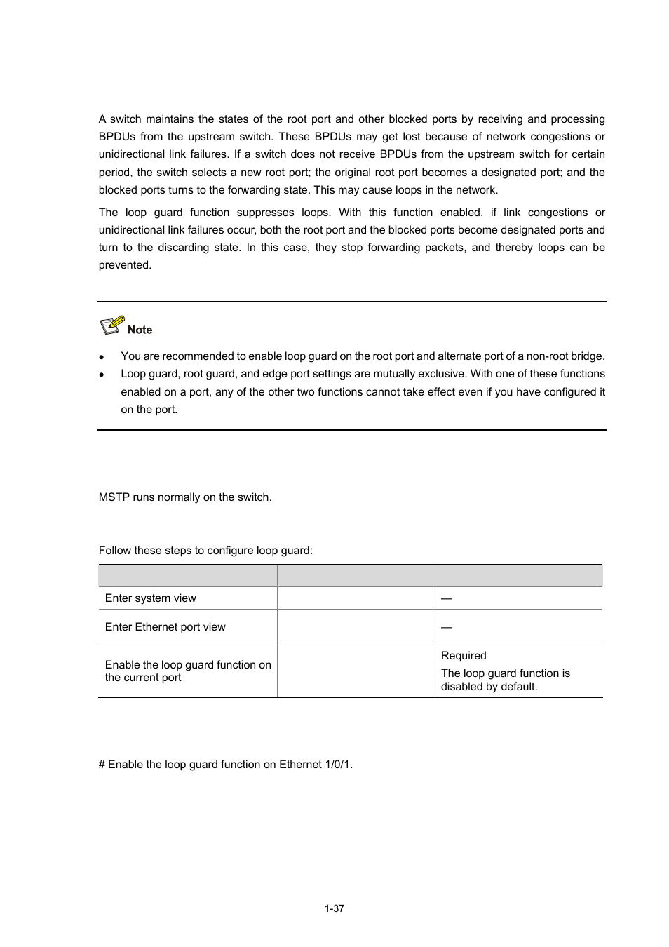 Configuring loop guard, Configuration prerequisites, Configuration procedure | Configuration example | H3C Technologies H3C S3600 Series Switches User Manual | Page 290 / 1205