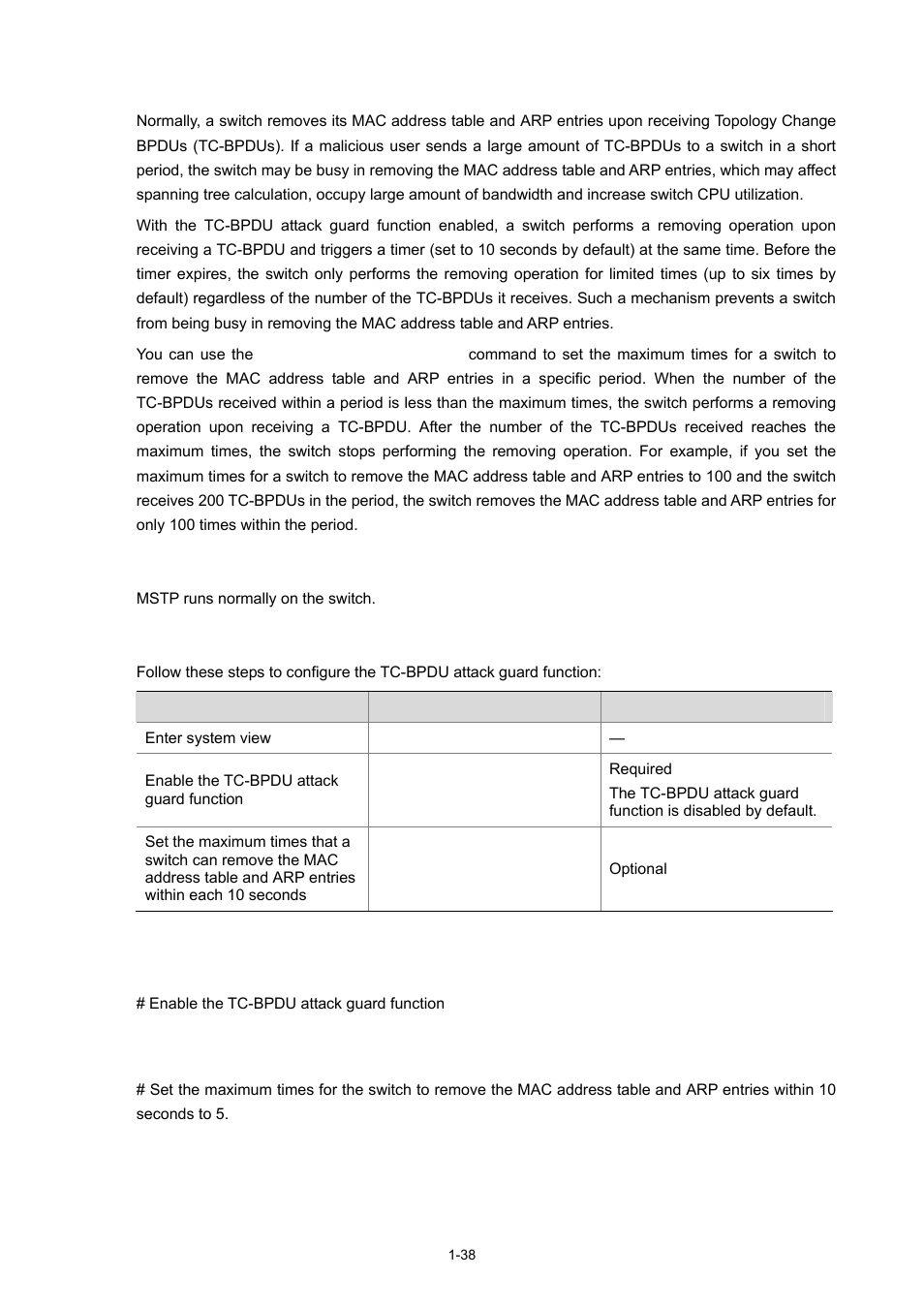 Configuring tc-bpdu attack guard, Configuration prerequisites, Configuration procedure | Configuration example | H3C Technologies H3C S3600 Series Switches User Manual | Page 291 / 1205