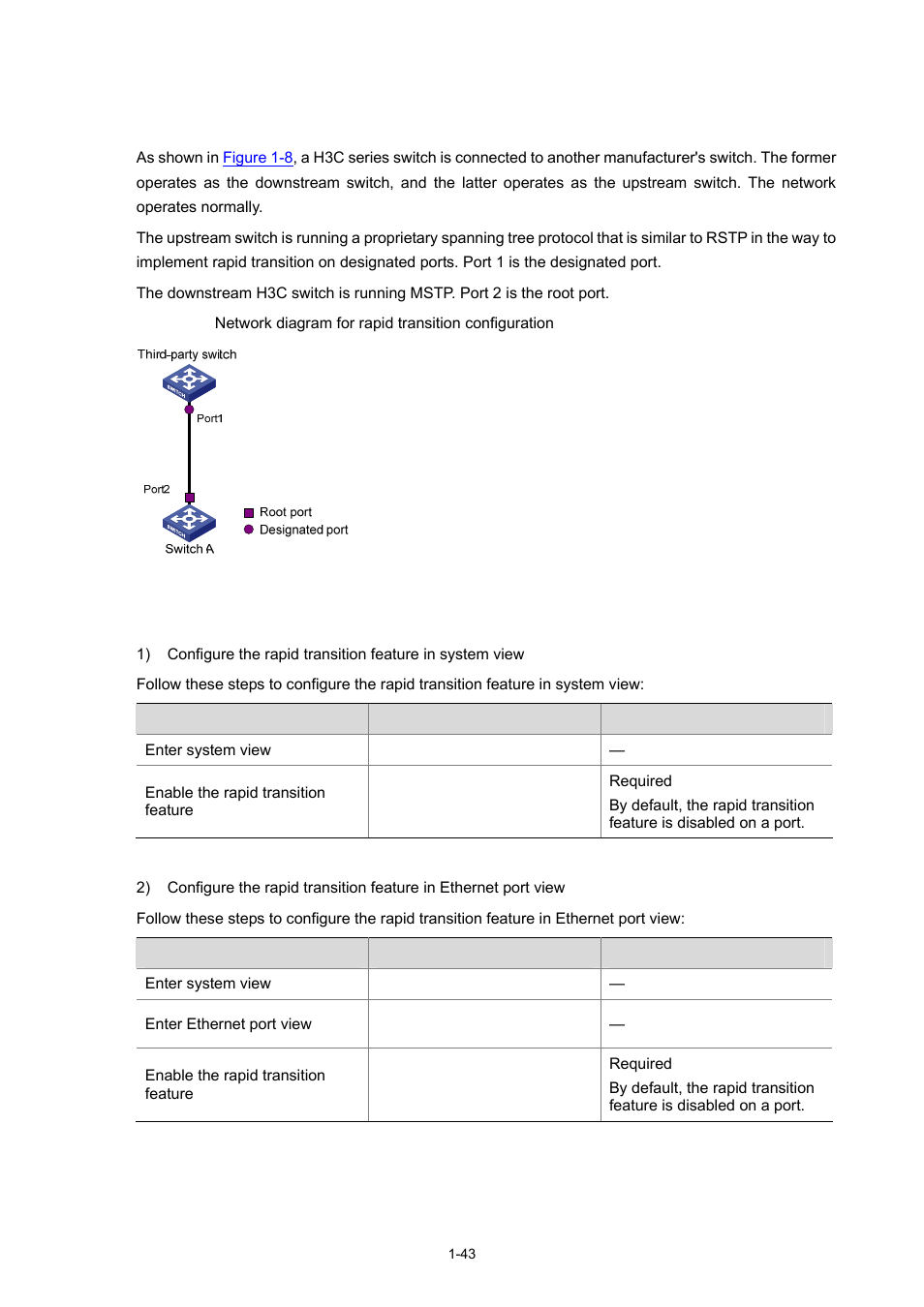 Configuring rapid transition, Configuration prerequisites, Configuration procedure | H3C Technologies H3C S3600 Series Switches User Manual | Page 296 / 1205