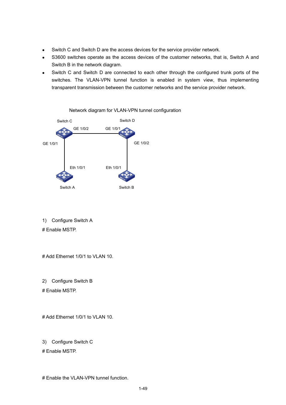 Vlan-vpn tunnel configuration example, Network requirements, Network diagram | Configuration procedure | H3C Technologies H3C S3600 Series Switches User Manual | Page 302 / 1205