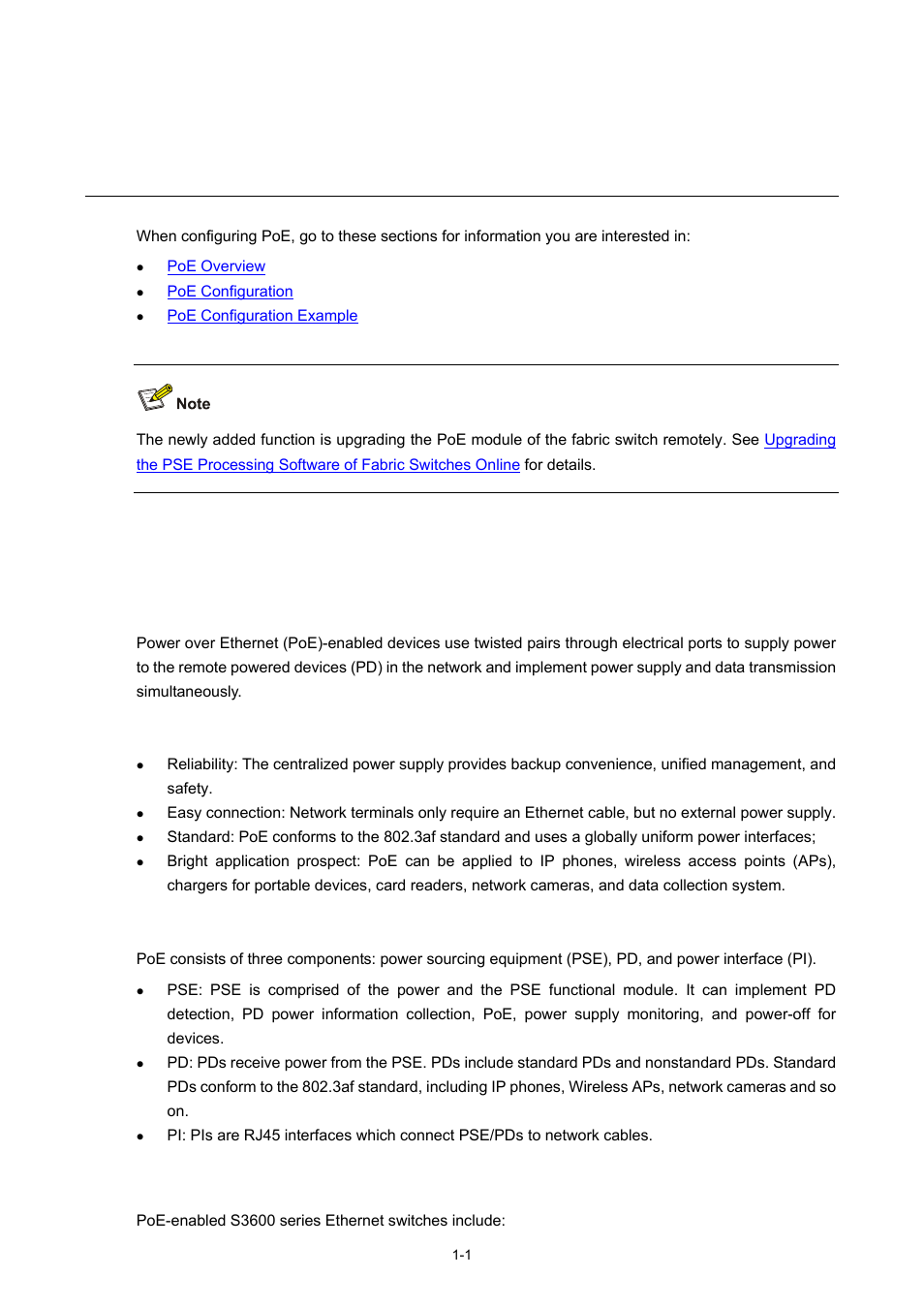 1 poe configuration, Poe overview, Introduction to poe | Advantages of poe, Poe components, Poe features supported by s3600, 1 poe features supported by s3600, Poe configuration | H3C Technologies H3C S3600 Series Switches User Manual | Page 834 / 1205