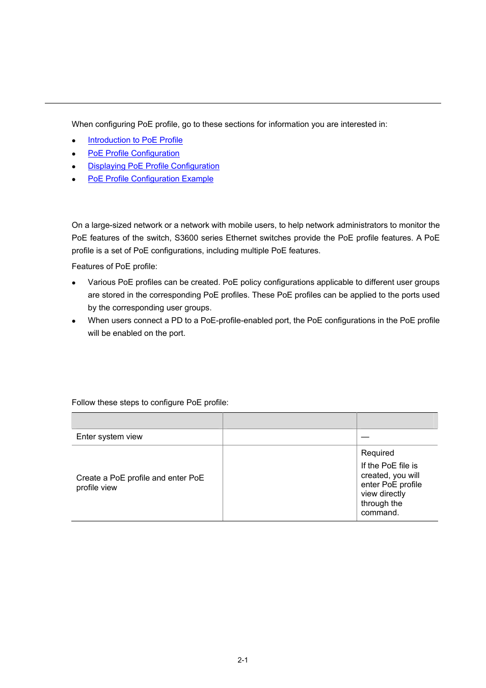 2 poe profile configuration, Introduction to poe profile, Poe profile configuration | Configuring poe profile, 1 poe profile configuration | H3C Technologies H3C S3600 Series Switches User Manual | Page 842 / 1205