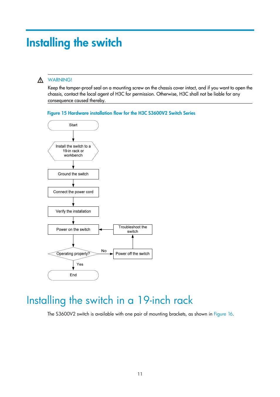 Installing the switch, Installing the switch in a 19-inch rack | H3C Technologies H3C S3600V2 Series Switches User Manual | Page 17 / 58