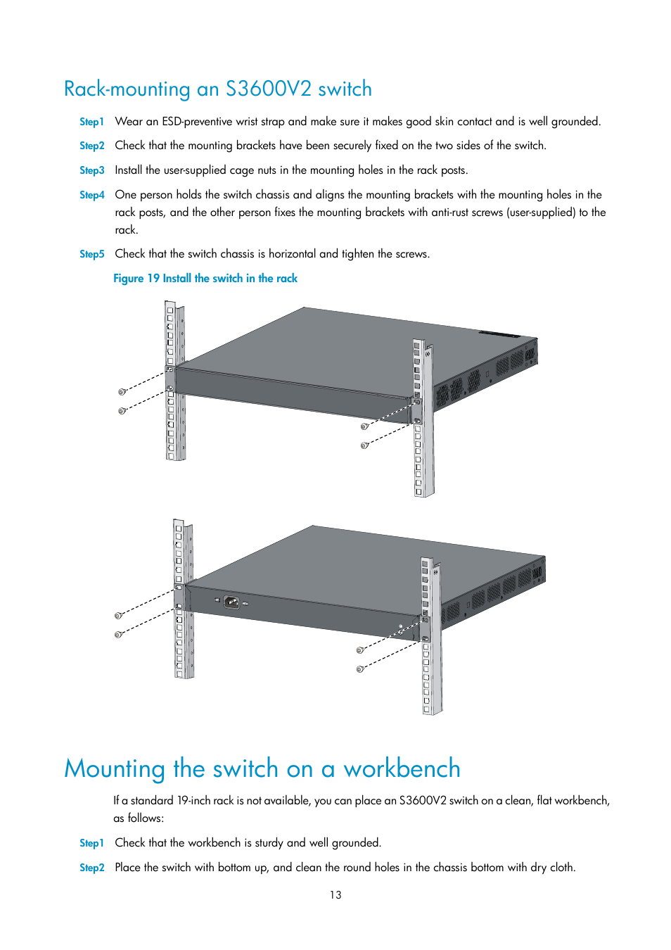 Rack-mounting an s3600v2 switch, Mounting the switch on a workbench | H3C Technologies H3C S3600V2 Series Switches User Manual | Page 19 / 58