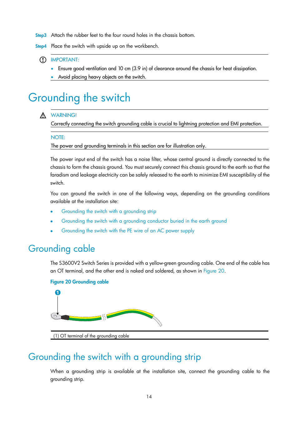 Grounding the switch, Grounding cable, Grounding the switch with a grounding strip | H3C Technologies H3C S3600V2 Series Switches User Manual | Page 20 / 58