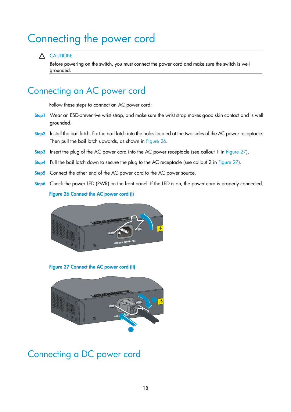 Connecting the power cord, Connecting an ac power cord, Connecting a dc power cord | H3C Technologies H3C S3600V2 Series Switches User Manual | Page 24 / 58