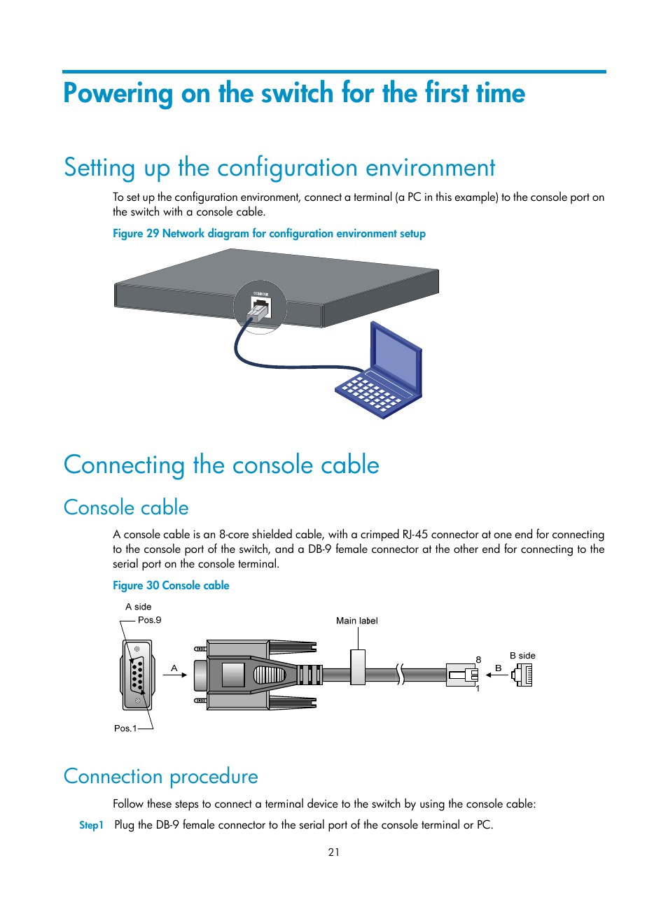 Powering on the switch for the first time, Setting up the configuration environment, Connecting the console cable | Console cable, Connection procedure | H3C Technologies H3C S3600V2 Series Switches User Manual | Page 27 / 58