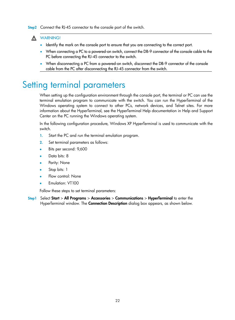 Setting terminal parameters | H3C Technologies H3C S3600V2 Series Switches User Manual | Page 28 / 58