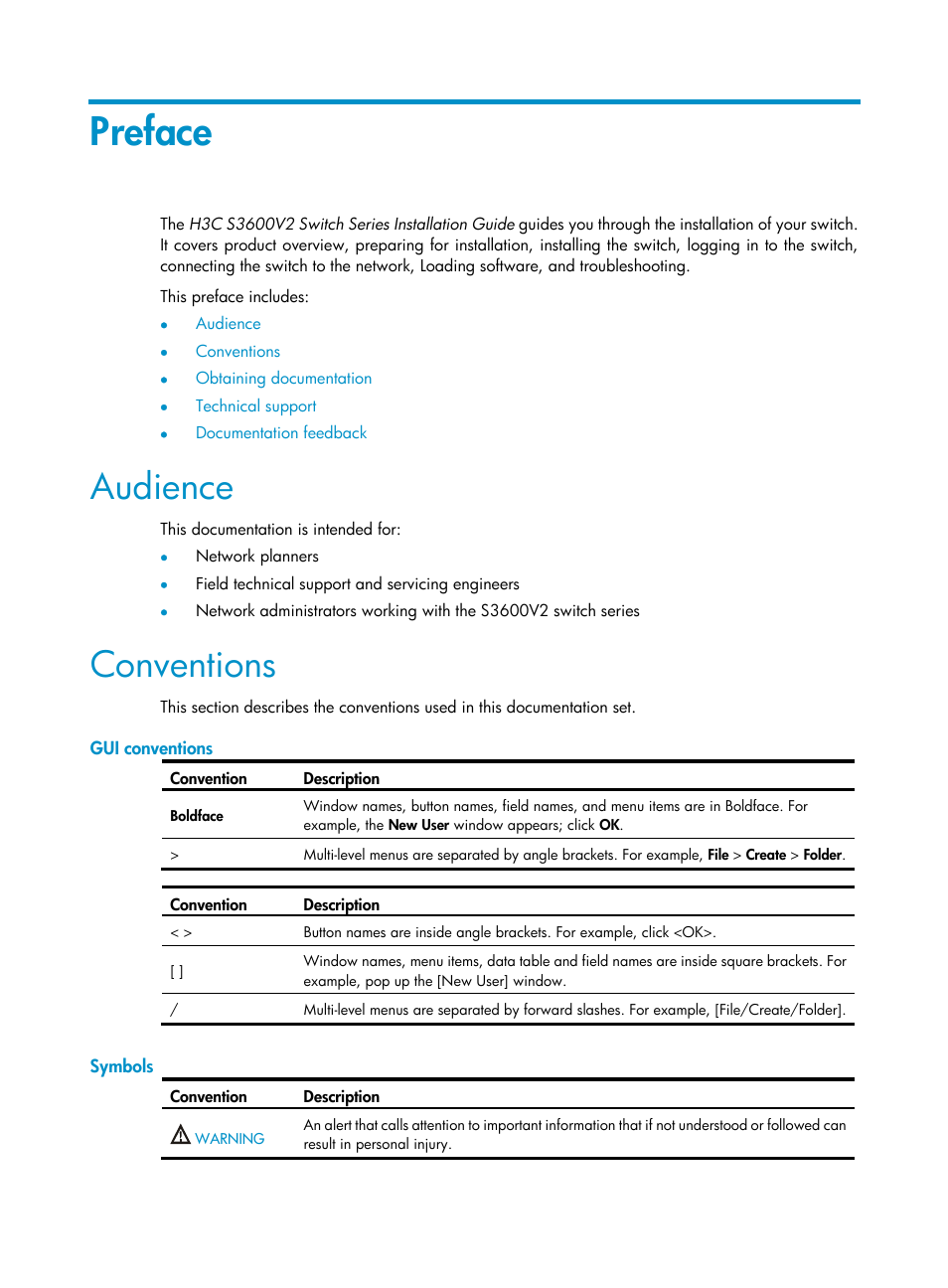 Preface, Audience, Conventions | Gui conventions, Symbols | H3C Technologies H3C S3600V2 Series Switches User Manual | Page 3 / 58