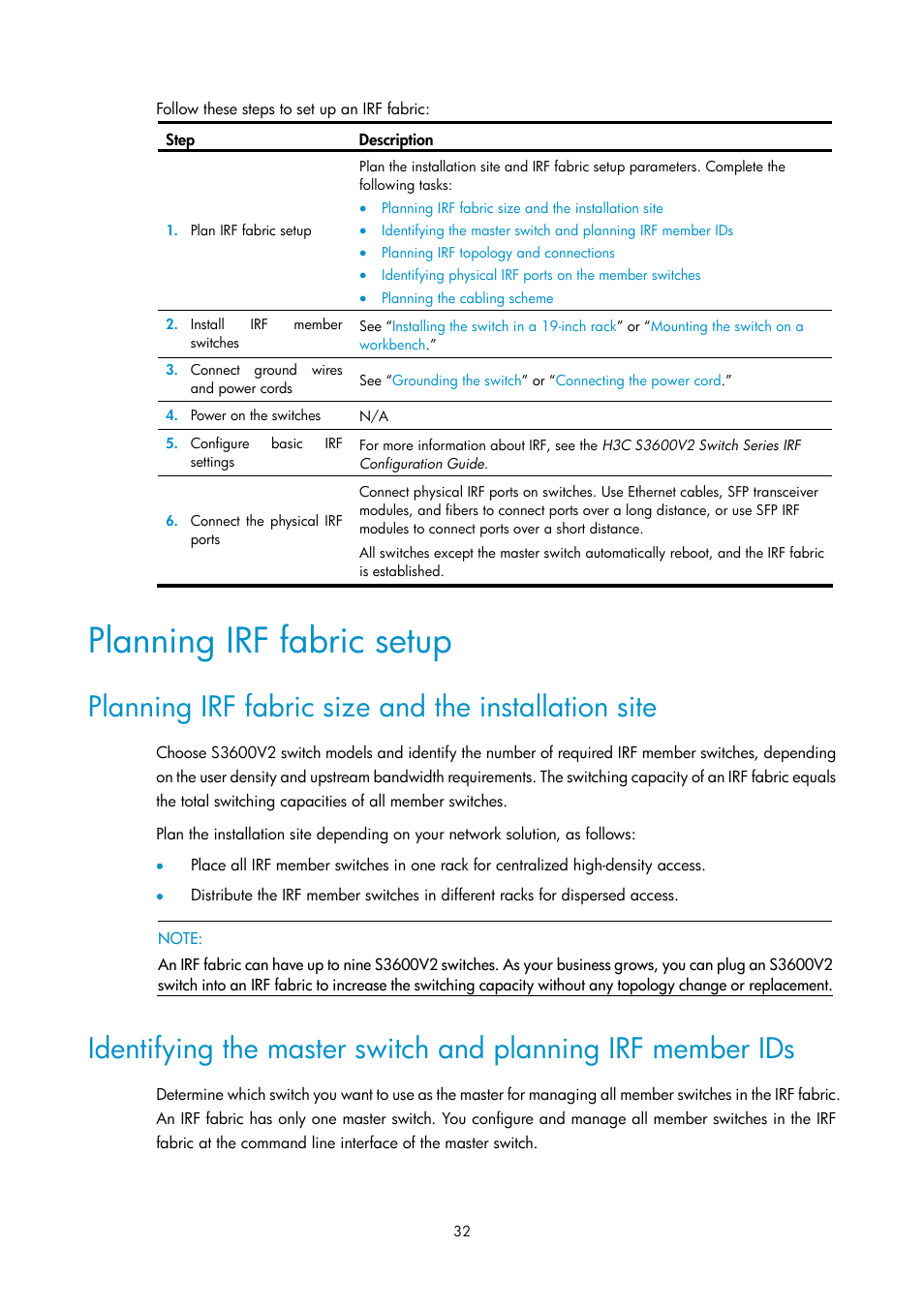 Planning irf fabric setup, Planning irf fabric size and the installation site | H3C Technologies H3C S3600V2 Series Switches User Manual | Page 38 / 58