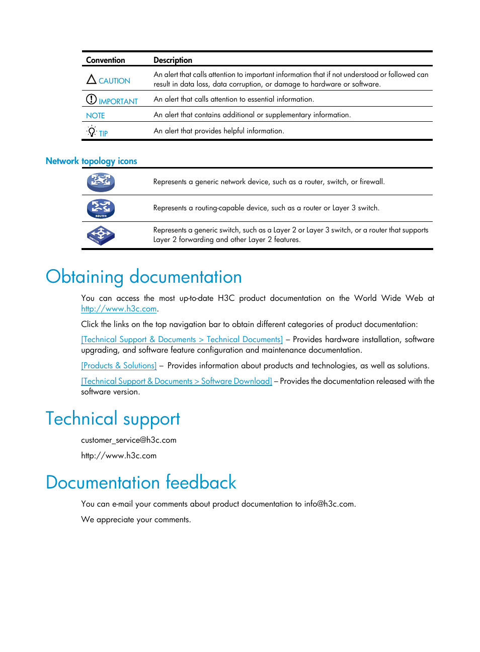 Network topology icons, Obtaining documentation, Technical support | Documentation feedback | H3C Technologies H3C S3600V2 Series Switches User Manual | Page 4 / 58