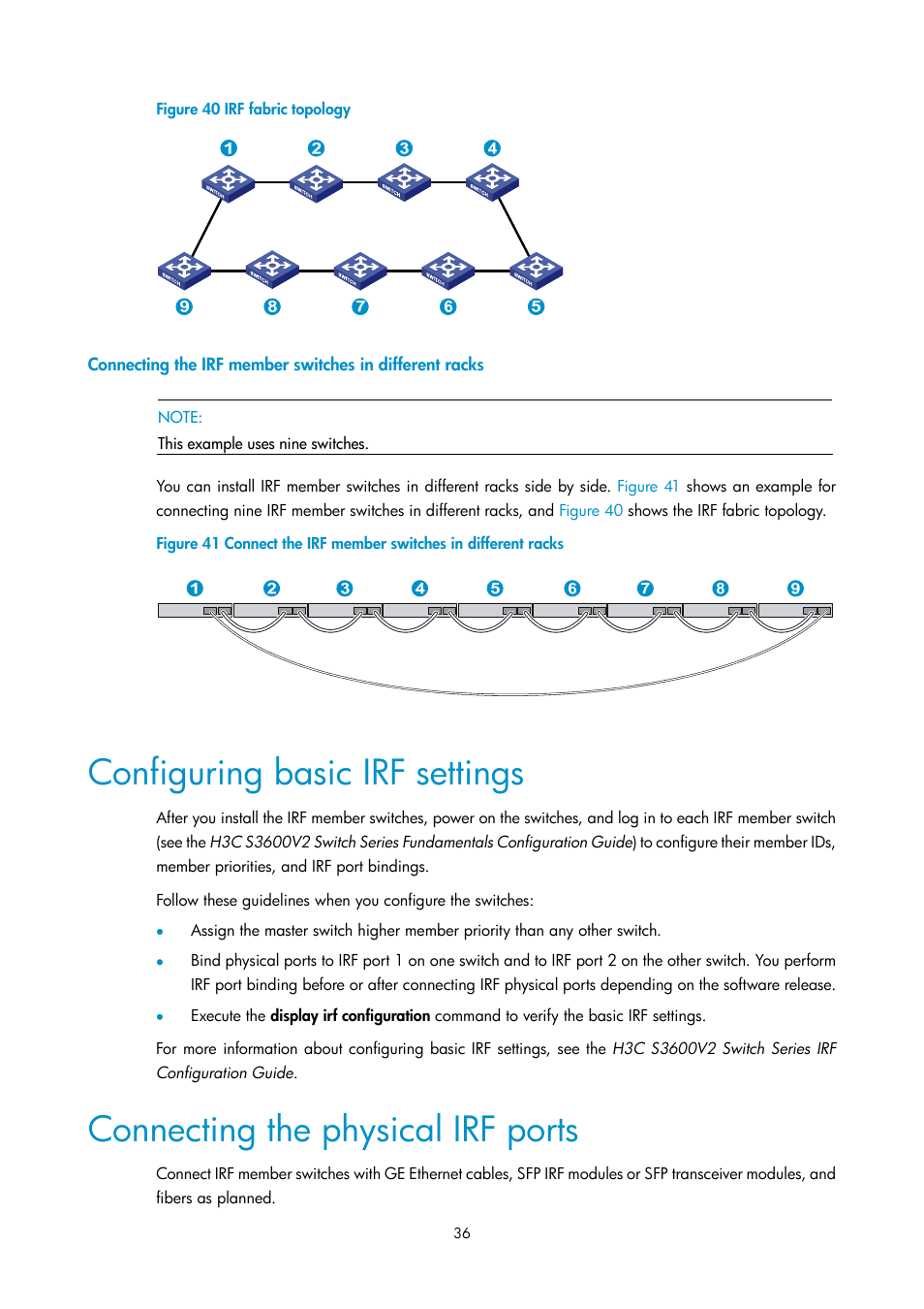 Configuring basic irf settings, Connecting the physical irf ports, Figure 40 | H3C Technologies H3C S3600V2 Series Switches User Manual | Page 42 / 58