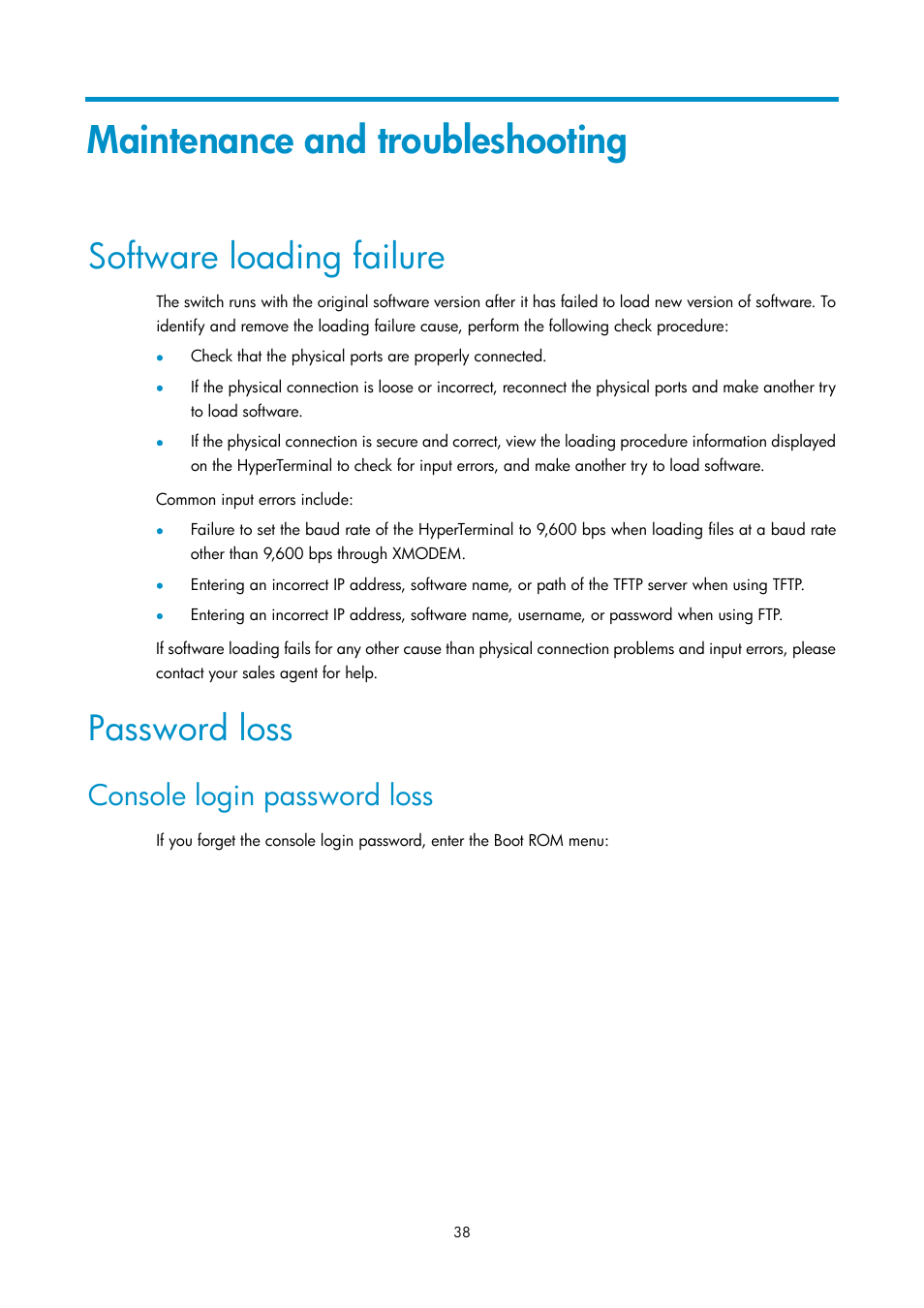 Maintenance and troubleshooting, Software loading failure, Password loss | Console login password loss | H3C Technologies H3C S3600V2 Series Switches User Manual | Page 44 / 58