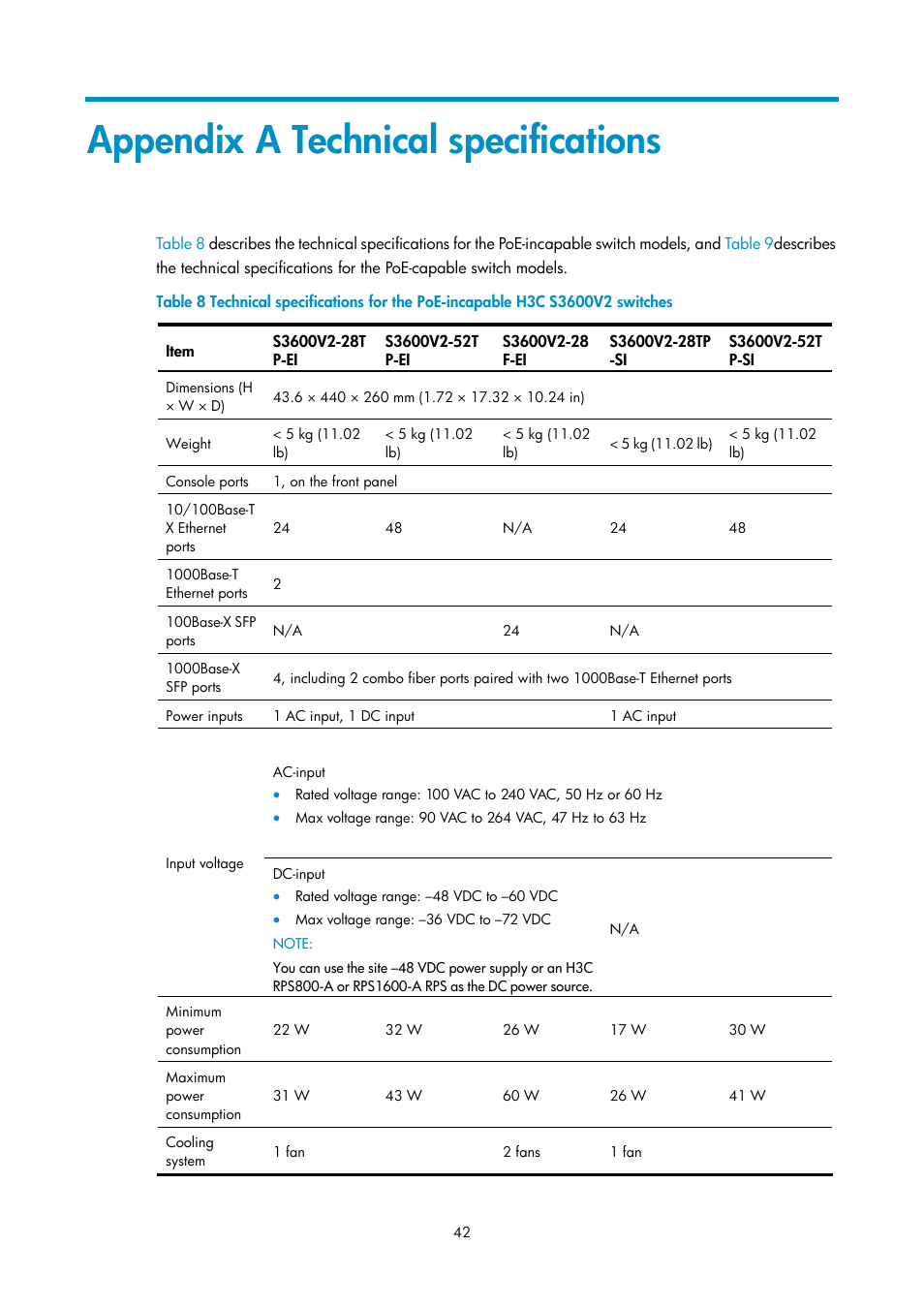 Appendix a technical specifications, Table 8 | H3C Technologies H3C S3600V2 Series Switches User Manual | Page 48 / 58