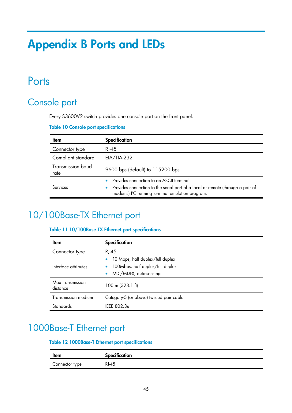 Appendix b ports and leds, Ports, Console port | 10/100base-tx ethernet port, 1000base-t ethernet port | H3C Technologies H3C S3600V2 Series Switches User Manual | Page 51 / 58