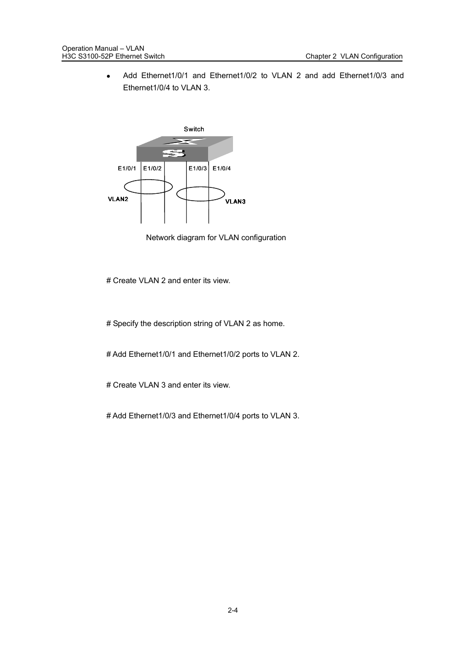 Ii. network diagram, Iii. configuration procedure, Specify the description string of vlan 2 as home | Create vlan 3 and enter its view | H3C Technologies H3C S3100 Series Switches User Manual | Page 102 / 630