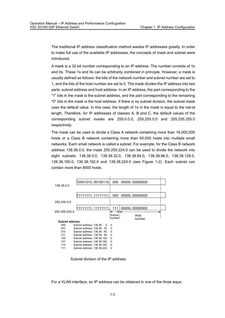 2 subnet and mask, 2 configuring an ip address, 2 subnet and mask -3 | 2 configuring an ip address -3, Figure 1-2 subnet division of the ip address | H3C Technologies H3C S3100 Series Switches User Manual | Page 106 / 630