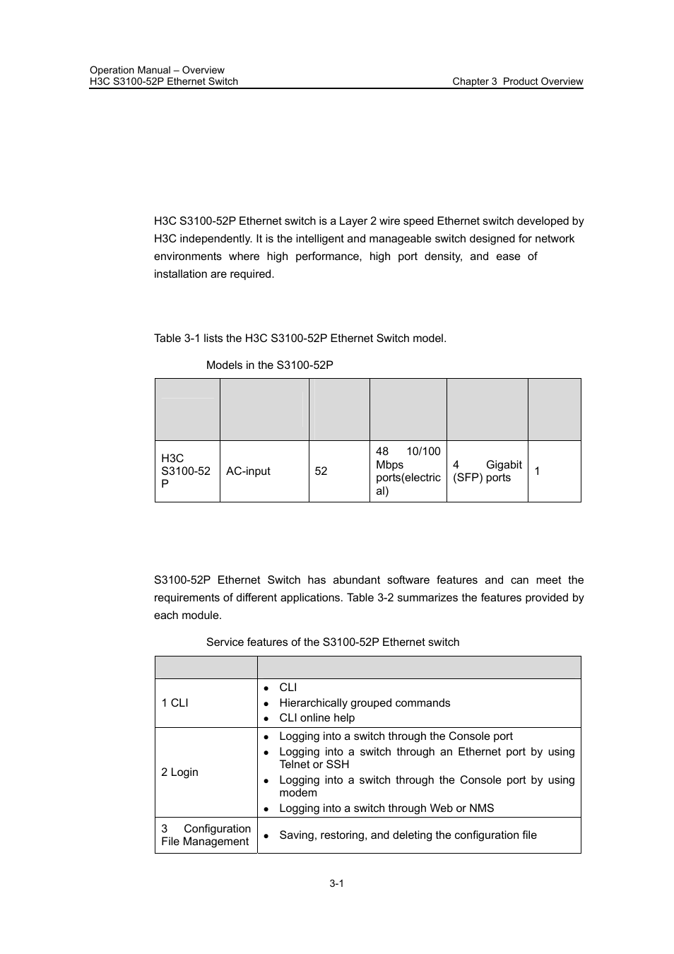 Chapter 3 product overview, 1 preface, 2 switch models | 3 software features, Chapter 3 product overview -1 | H3C Technologies H3C S3100 Series Switches User Manual | Page 11 / 630