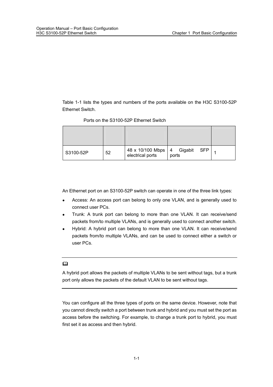 Chapter 1 port basic configuration, 1 ethernet port overview, 1 types and numbers of ethernet ports | 2 link types of ethernet ports, Chapter 1 port basic configuration -1, 1 ethernet port overview -1 | H3C Technologies H3C S3100 Series Switches User Manual | Page 123 / 630