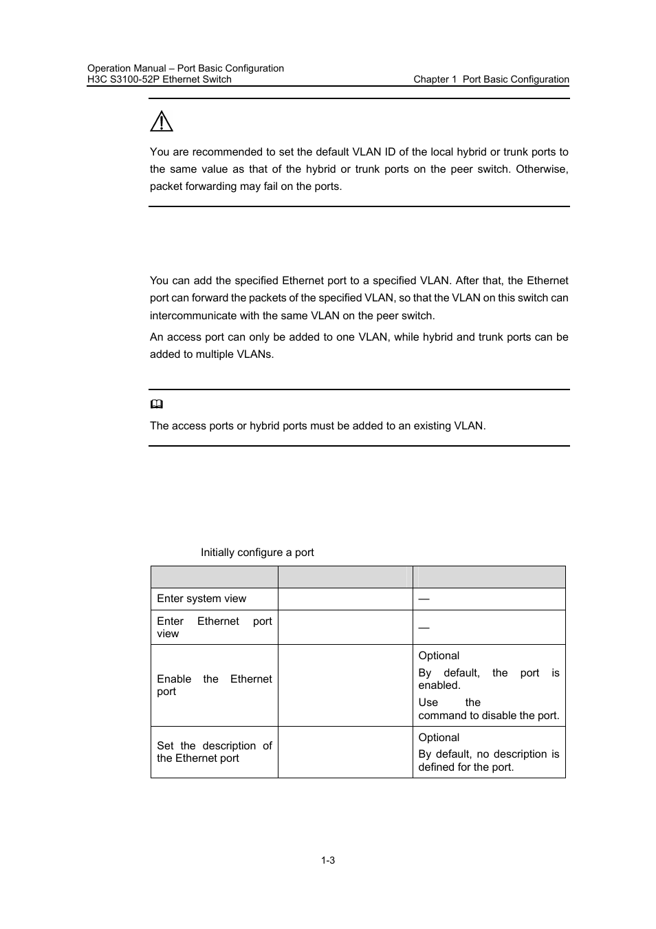 4 adding an ethernet port to specified vlans, 2 ethernet port configuration, 1 initially configuring a port | 4 adding an ethernet port to specified vlans -3, 2 ethernet port configuration -3, 1 initially configuring a port -3 | H3C Technologies H3C S3100 Series Switches User Manual | Page 125 / 630