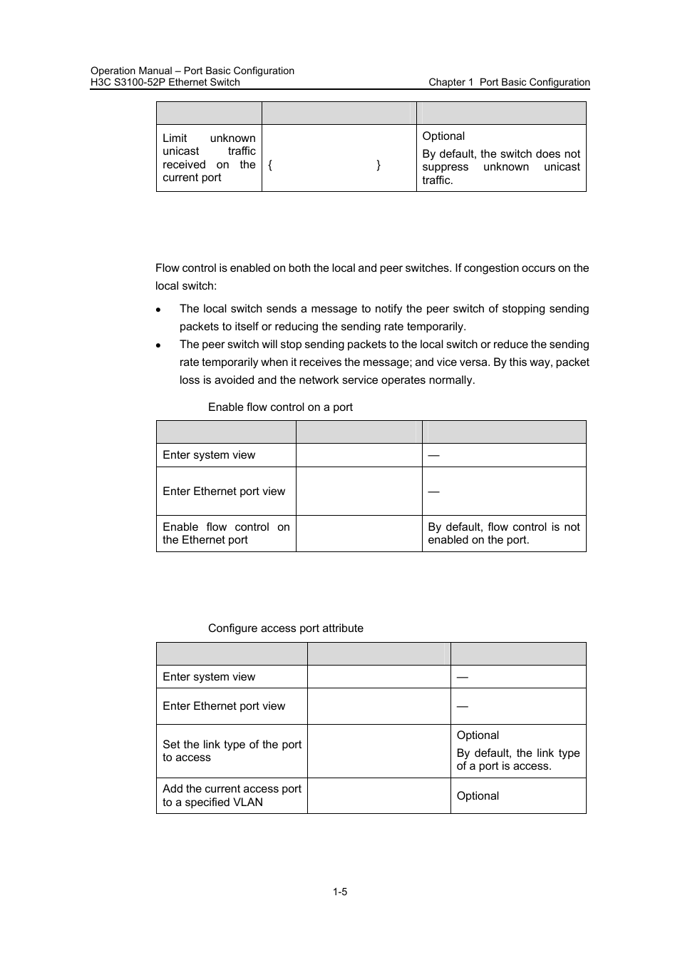 3 enabling flow control on a port, 4 configuring access port attribute | H3C Technologies H3C S3100 Series Switches User Manual | Page 127 / 630