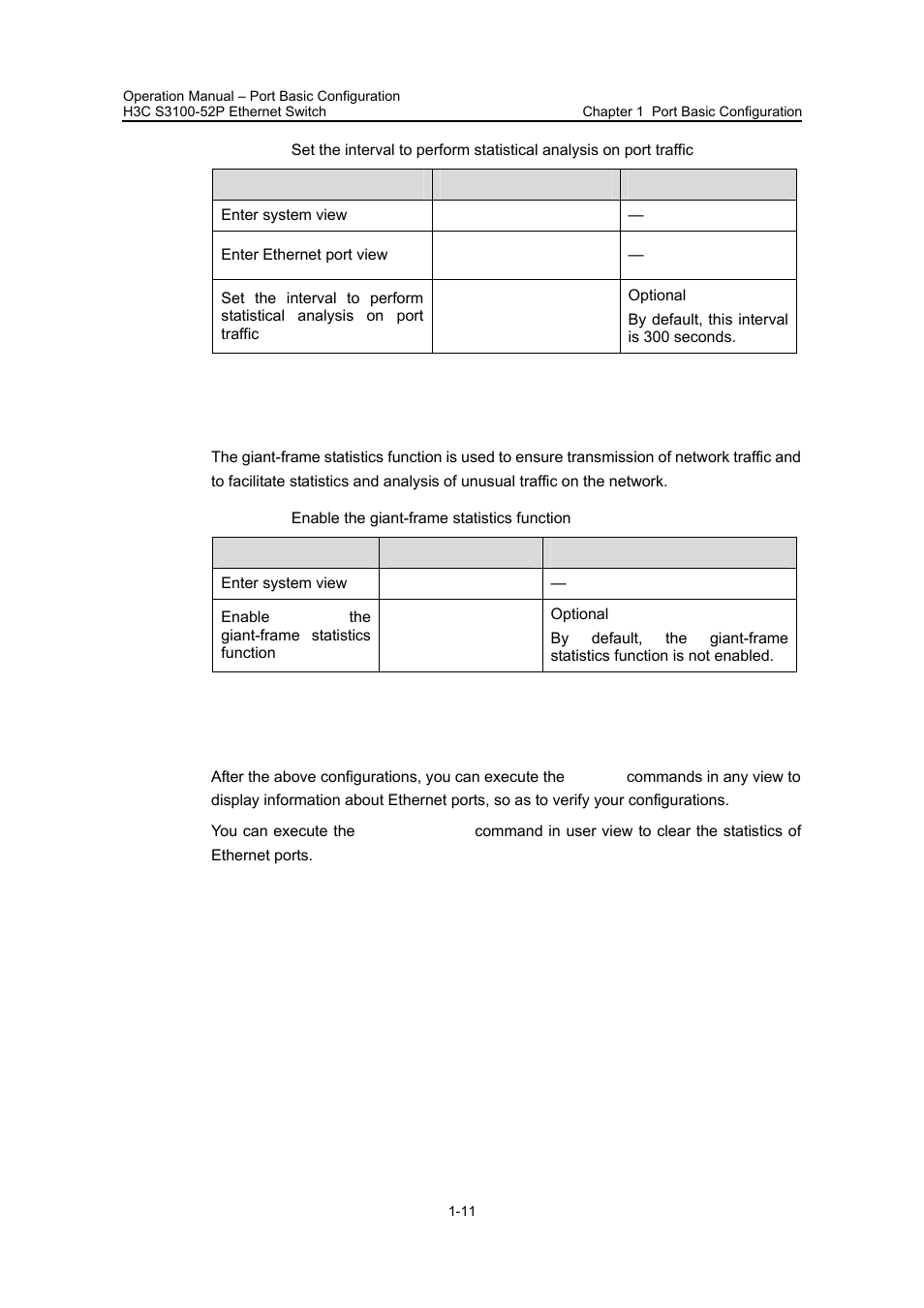 12 enabling giant-frame statistics function, 13 displaying basic port configuration | H3C Technologies H3C S3100 Series Switches User Manual | Page 133 / 630