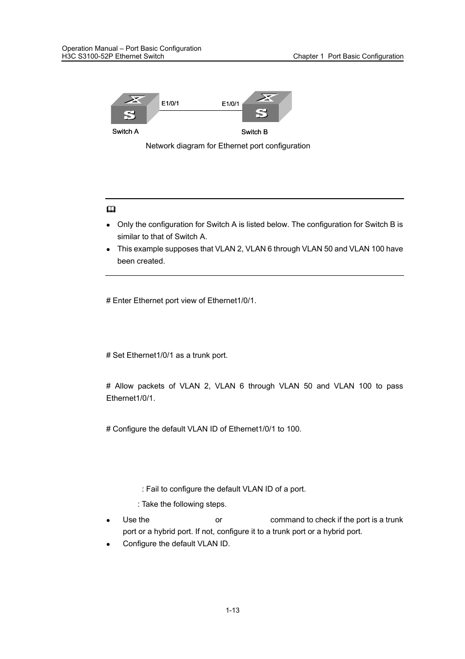 Ii. network diagram, Iii. configuration procedure, 4 troubleshooting ethernet port configuration | 4 troubleshooting ethernet port configuration -13 | H3C Technologies H3C S3100 Series Switches User Manual | Page 135 / 630