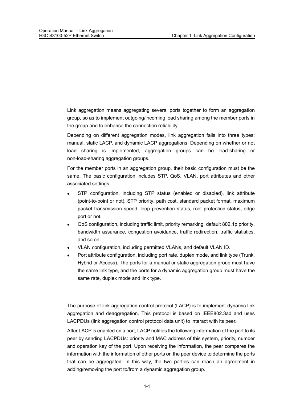 Chapter 1 link aggregation configuration, 1 overview, 1 introduction to link aggregation | 2 introduction to lacp, Chapter 1 link aggregation configuration -1, 1 overview -1 | H3C Technologies H3C S3100 Series Switches User Manual | Page 137 / 630