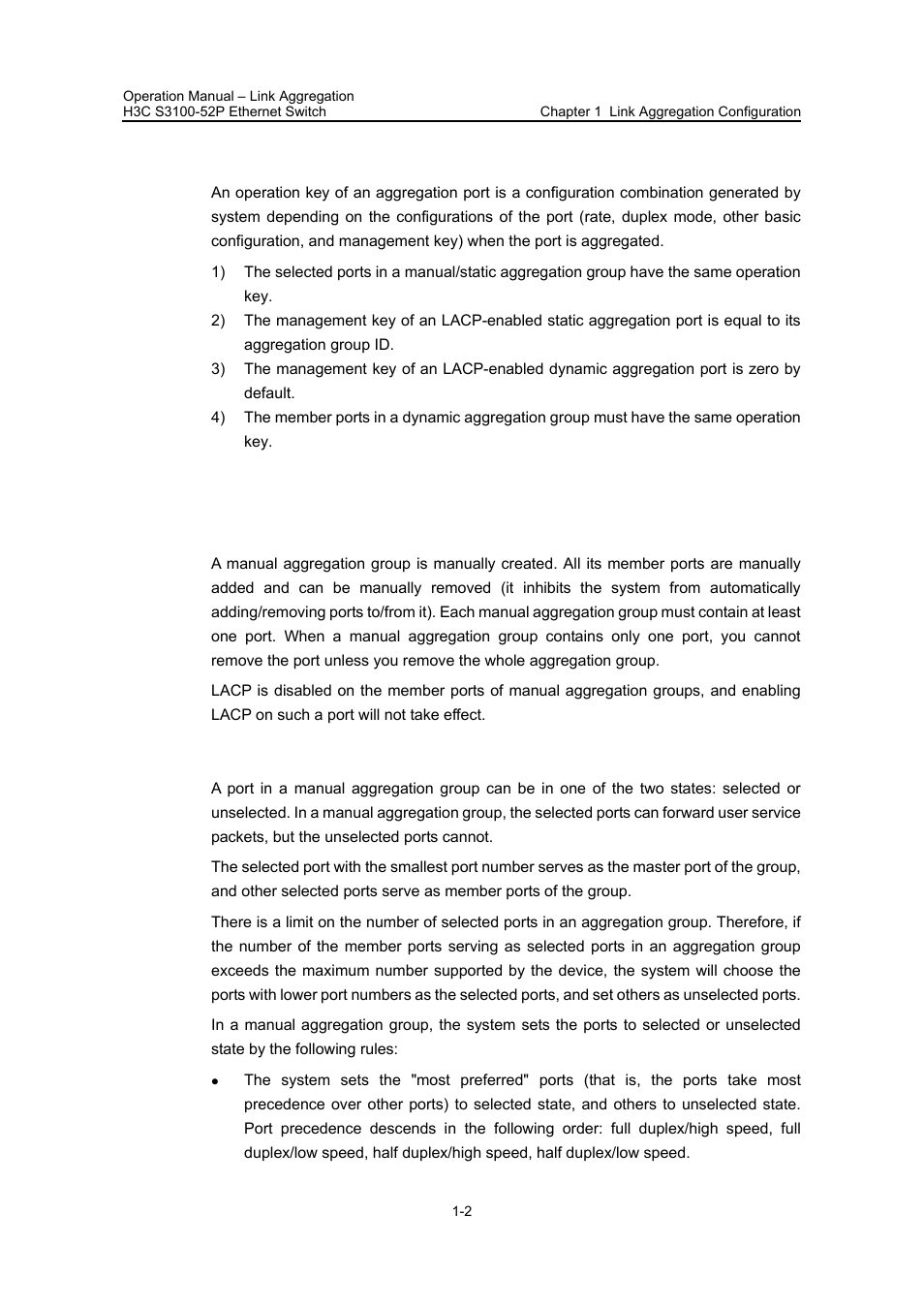3 operation key, 4 manual aggregation group, I. introduction to manual aggregation group | Ii. port status in manual aggregation group | H3C Technologies H3C S3100 Series Switches User Manual | Page 138 / 630