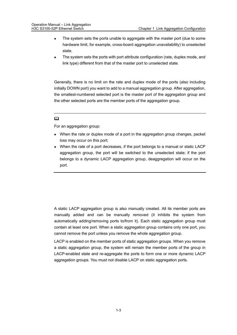 Iii. requirements on ports for manual aggregation, 5 static lacp aggregation group, I. introduction to static lacp aggregation | 5 static lacp aggregation group -3 | H3C Technologies H3C S3100 Series Switches User Manual | Page 139 / 630
