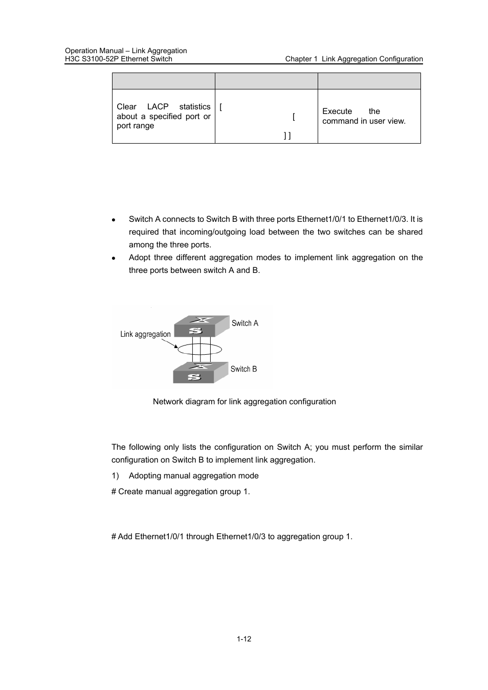 4 link aggregation configuration example, I. network requirements, Ii. network diagram | Iii. configuration procedure, 4 link aggregation configuration example -12 | H3C Technologies H3C S3100 Series Switches User Manual | Page 148 / 630