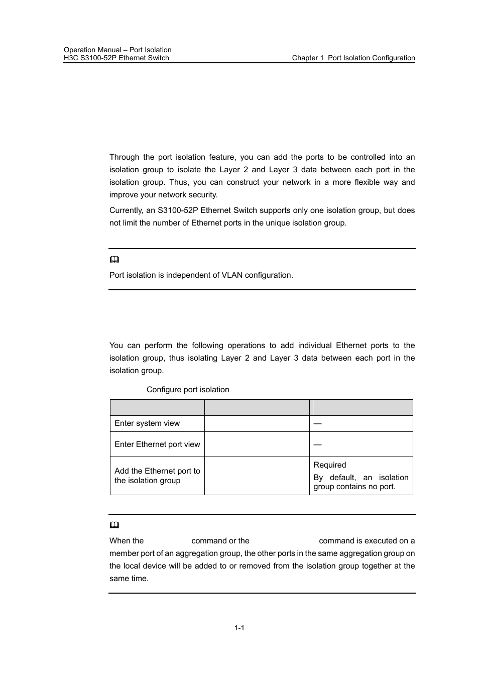 Chapter 1 port isolation configuration, 1 port isolation overview, 2 port isolation configuration | H3C Technologies H3C S3100 Series Switches User Manual | Page 151 / 630