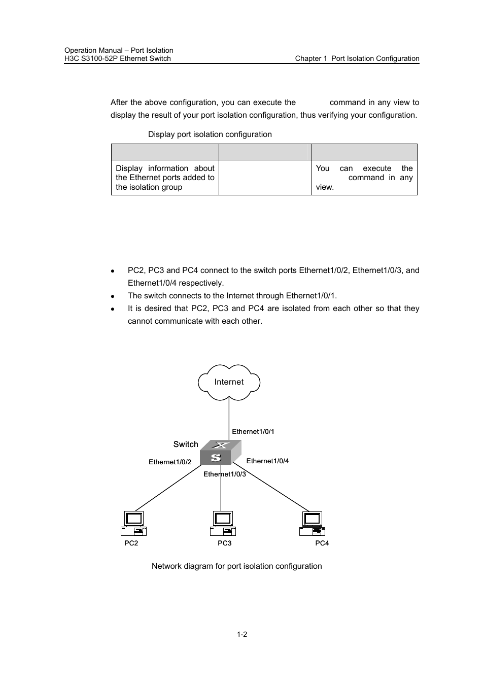 3 displaying port isolation configuration, 4 port isolation configuration example, I. network requirements | Ii. network diagram | H3C Technologies H3C S3100 Series Switches User Manual | Page 152 / 630