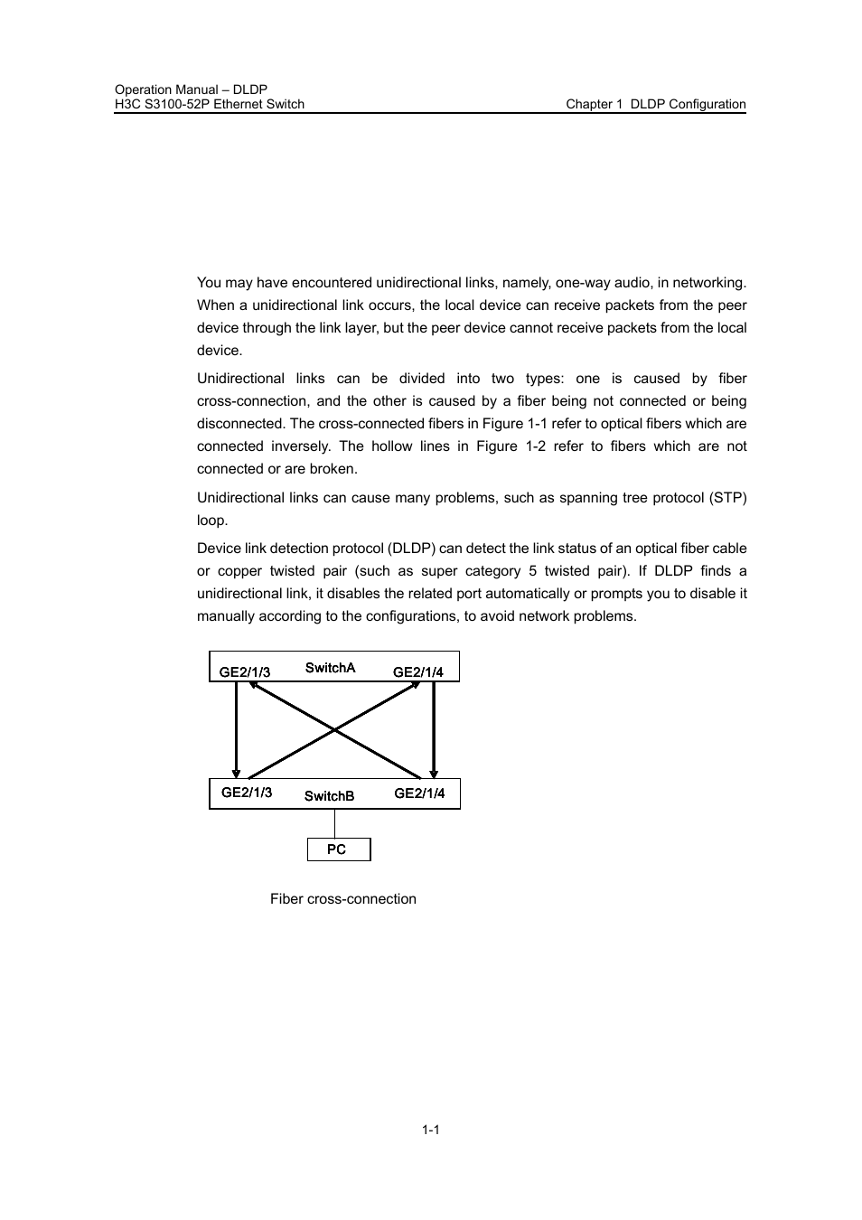 Chapter 1 dldp configuration, 1 dldp overview, Chapter 1 dldp configuration -1 | 1 dldp overview -1 | H3C Technologies H3C S3100 Series Switches User Manual | Page 155 / 630