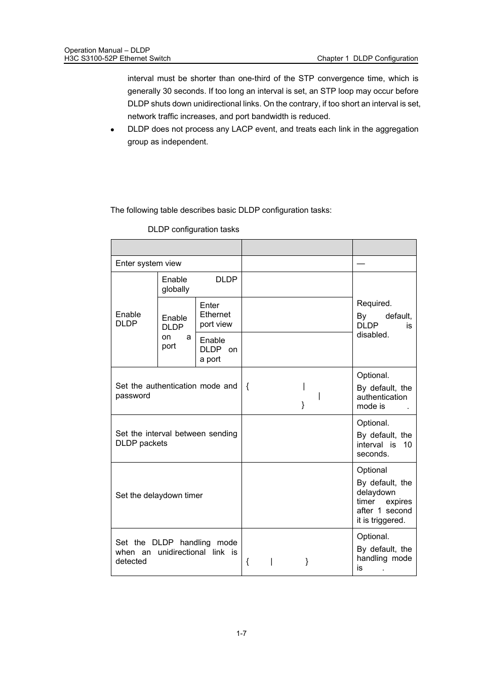 2 dldp configuration, 1 dldp configuration tasks, 2 dldp configuration -7 | 1 dldp configuration tasks -7 | H3C Technologies H3C S3100 Series Switches User Manual | Page 161 / 630