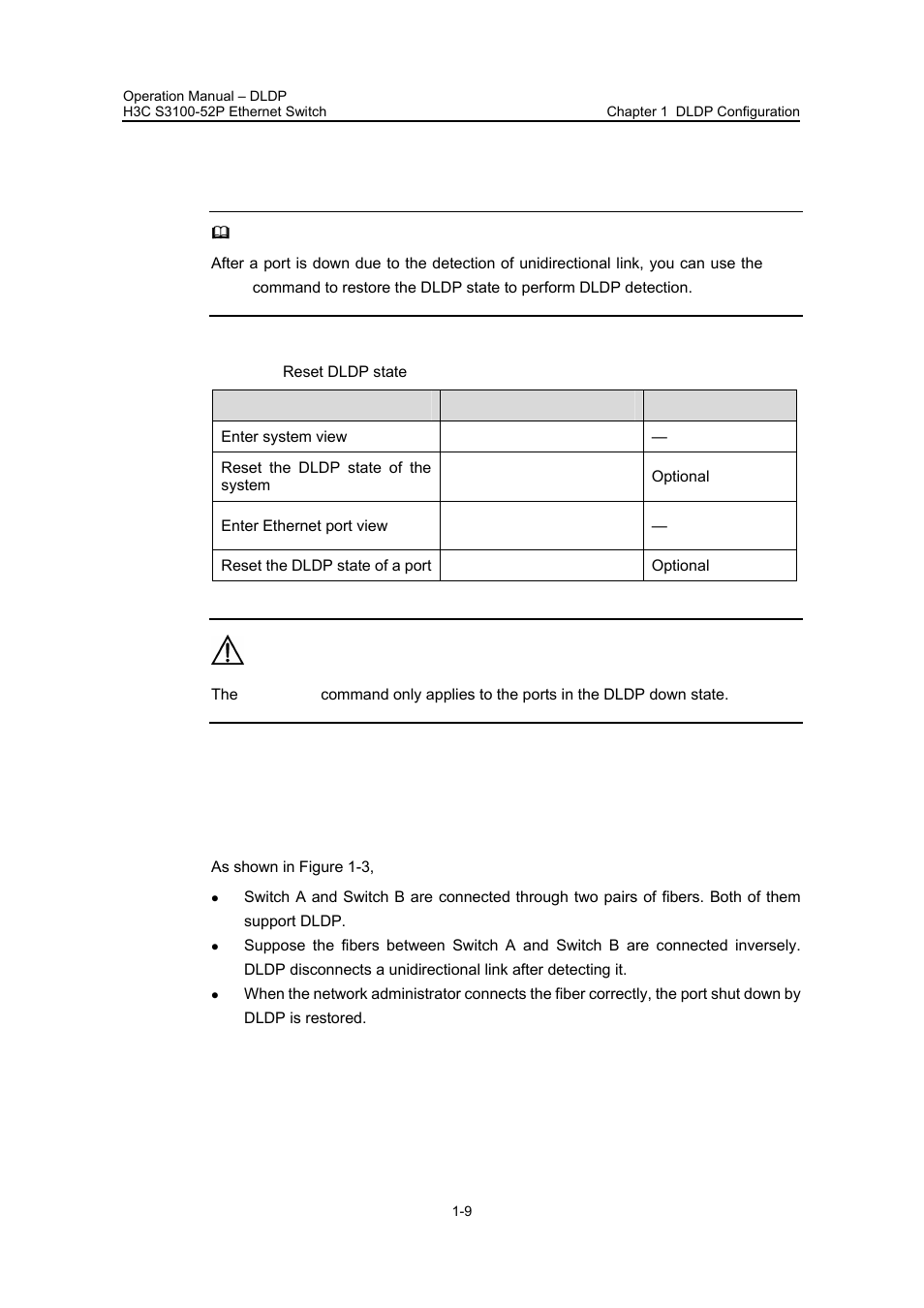 2 resetting dldp state, 3 dldp configuration example, I. network requirements | 2 resetting dldp state -9, 3 dldp configuration example -9 | H3C Technologies H3C S3100 Series Switches User Manual | Page 163 / 630