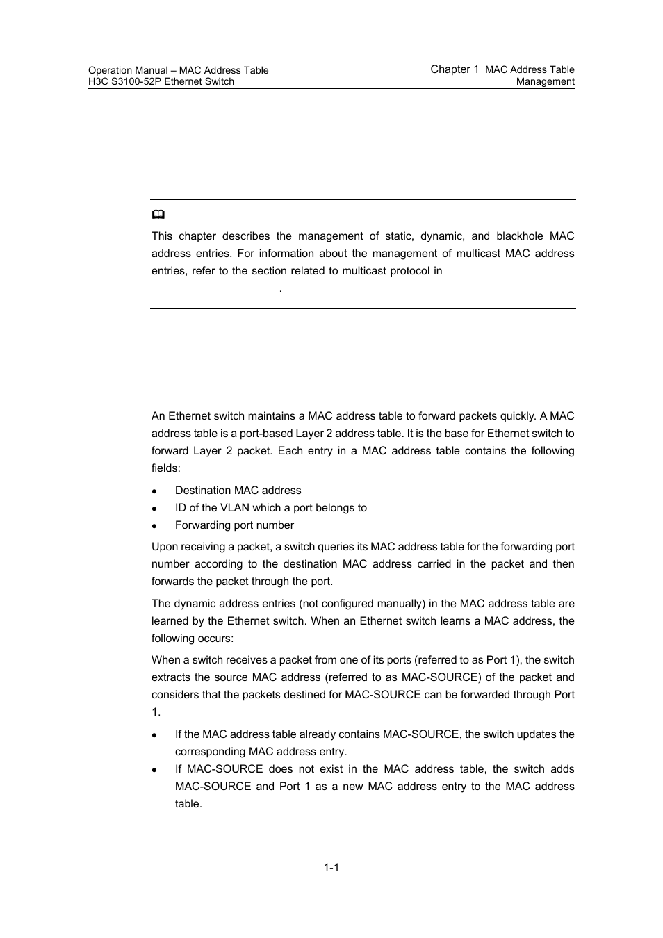 Chapter 1 mac address table management, 1 overview, 1 introduction to mac address learning | Chapter 1 mac address table management -1, 1 overview -1, 1 introduction to mac address learning -1 | H3C Technologies H3C S3100 Series Switches User Manual | Page 167 / 630