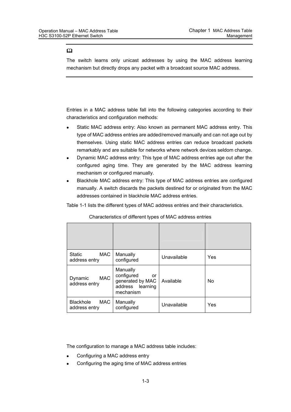 2 entries in a mac address table, 2 configuring mac address table management, 2 entries in a mac address table -3 | 2 configuring mac address table management -3 | H3C Technologies H3C S3100 Series Switches User Manual | Page 169 / 630