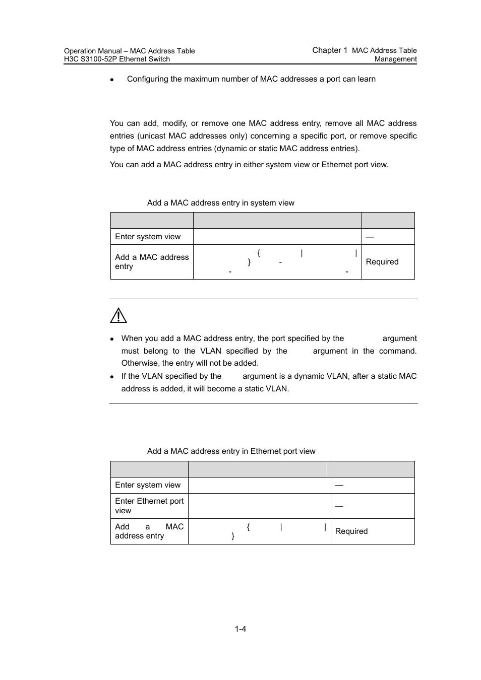 1 configuring a mac address entry, I. adding a mac address entry in system view, 1 configuring a mac address entry -4 | H3C Technologies H3C S3100 Series Switches User Manual | Page 170 / 630