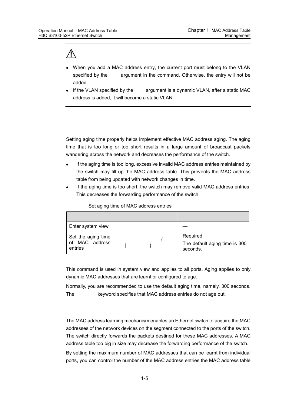 2 setting the aging time of mac address entries | H3C Technologies H3C S3100 Series Switches User Manual | Page 171 / 630
